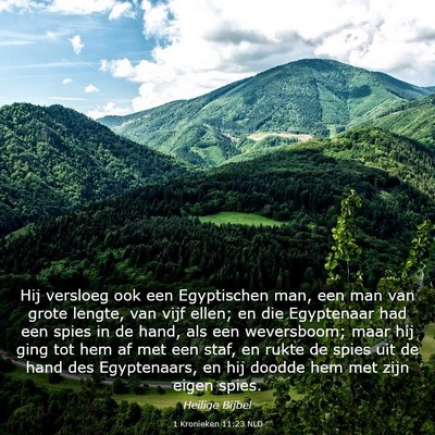 Picture 03 - 1 Kronieken 11:23 NLD - Hij versloeg ook een Egyptischen man, een man van - Bible Verse Picture
