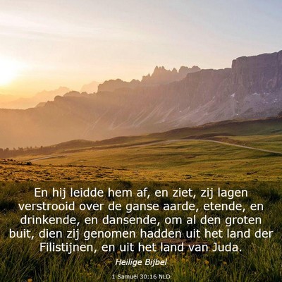 Picture 03 - 1 Samuël 30:16 NLD - En hij leidde hem af, en ziet, zij lagen - Bible Verse Picture