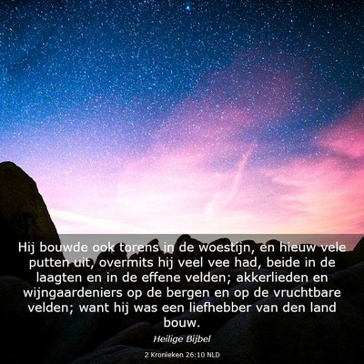 Picture 03 - 2 Kronieken 26:10 NLD - Hij bouwde ook torens in de woestijn, en hieuw - Bible Verse Picture