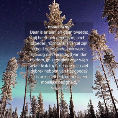 Picture 04 - Prediker 4:8 NLD - Daar is er een, en geen tweede; hij heeft ook - Bible Verse Picture
