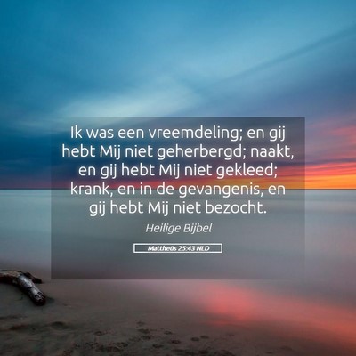 Picture 05 - Mattheüs 25:43 NLD - Ik was een vreemdeling; en gij hebt Mij niet - Bible Verse Picture