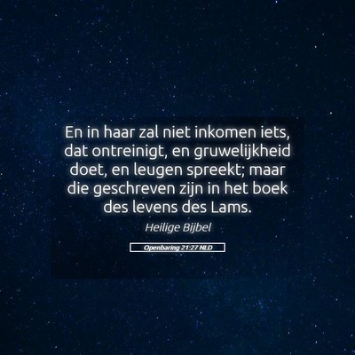 Picture 05 - Openbaring 21:27 NLD - En in haar zal niet inkomen iets, dat ontreinigt, - Bible Verse Picture