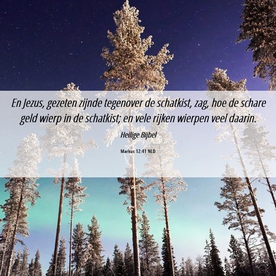 Picture 06 - Markus 12:41 NLD - En Jezus, gezeten zijnde tegenover de schatkist, - Bible Verse Picture