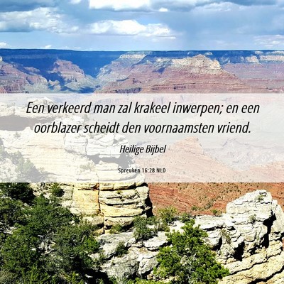 Picture 06 - Spreuken 16:28 NLD - Een verkeerd man zal krakeel inwerpen; en een - Bible Verse Picture