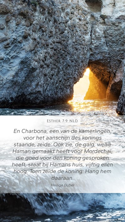 Esther 7:9 NLD Mobile Phone Wallpaper - En Charbona, een van de kamerlingen, voor het - Mobile Bible Verse Wallpaper